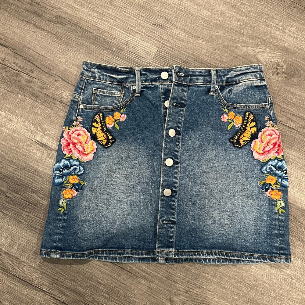 Embroidered Denim Skirt with Floral and Butterfly Design